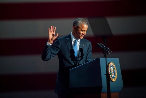 Barack Obama waves to the crowds in Chicago, just minutes before giving his farewell address.