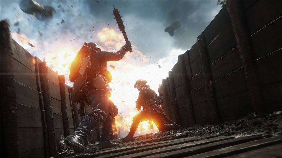 Gameplay from the video game Battlefield 1 during a battle in a trench.