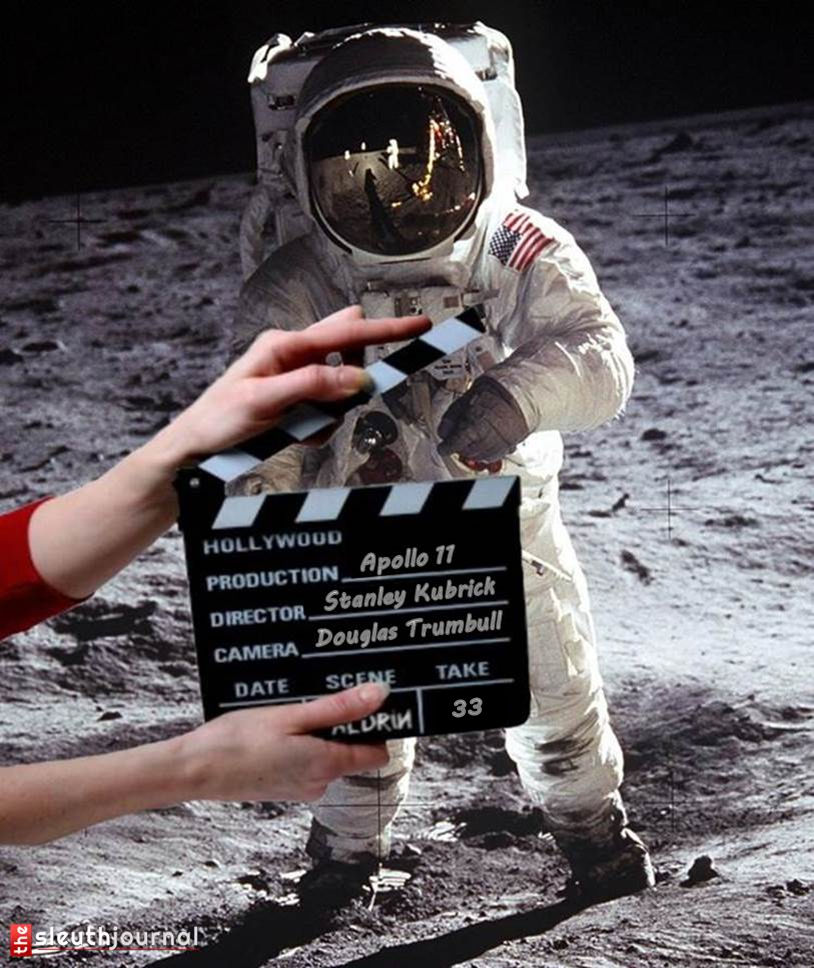A comedic photo of Neil Armstrong in front of a clapperboard for the filming of the Apollo 11.  