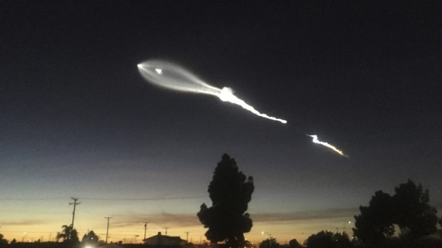 The view from Vandenberg, California, of the Falcon 9 Heavy rocket taking flight.