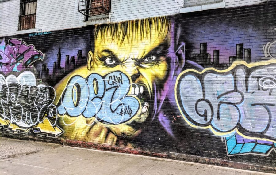 Graffiti of the Hulk in the Bronx at 167th Street and River Avenue under the 4 train station. This was made by numerous artists including Apez, Jez, Indie, Onie, and other people involved. Unfortunately, this piece was vandalized by unknown artists during late 2017.