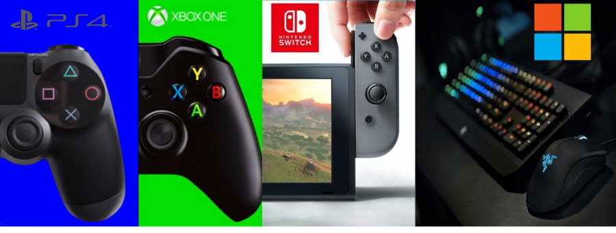 From left to right: a PlayStation 4 controller, an Xbox One controller, the Nintendo Switch and a Razer gaming keyboard and mouse