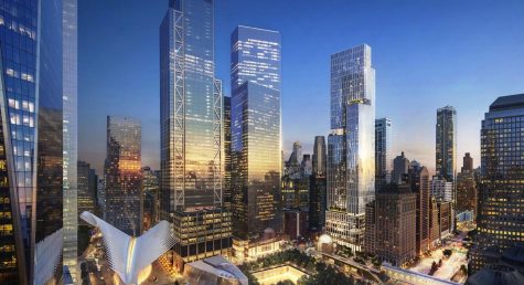 Concept image of the completed World Trade Center complex. From left to right: One WTC, Two WTC behind tower one, The Oculus, Three WTC, Four WTC, and the planned Five WTC. Credit: KPF