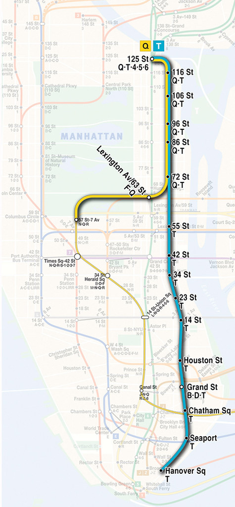 The completed second avenue subway, showing the T and Q lines highlighted.
