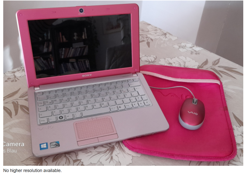 A pink computer. A different pink desktop computer also appears in game. This image belongs to https://commons.wikimedia.org/wiki/ File:Sony_Vaio_W_Pink.png and the author is marked as Ju7777.
